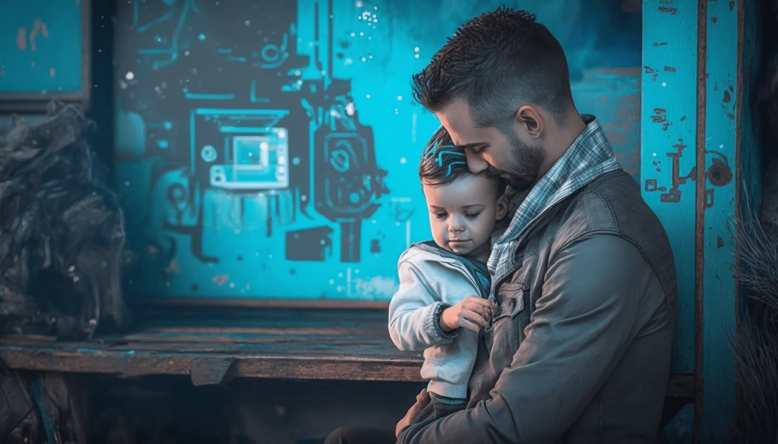 Cyberpunk scene with a dad and his son showing love for a dad to his son