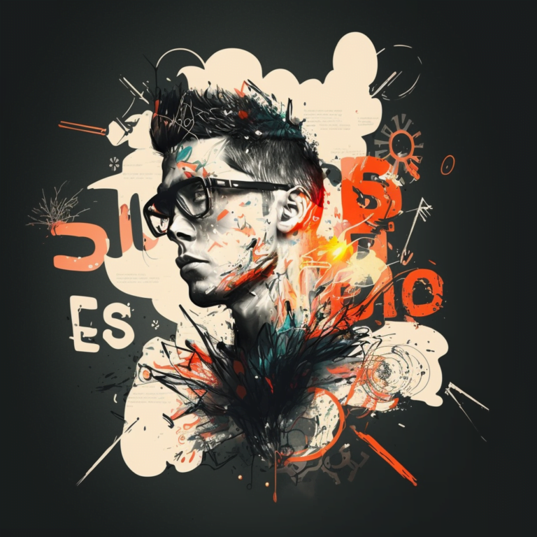 Image of a geek and all his thoughts are processed and showed in bubbles